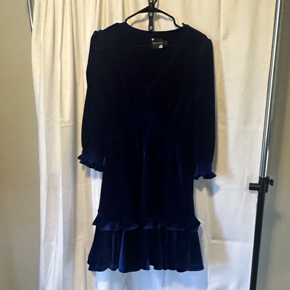 Maison Tara Velvet Tiered Long Sleeve Dress in Navy